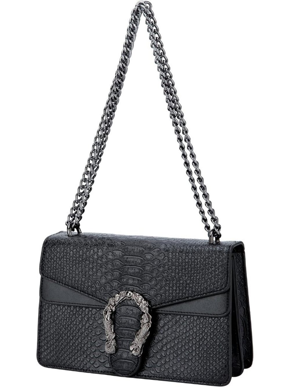 Women's Black Leather Snake Print Vintage Purse Chain Crossbody Bag